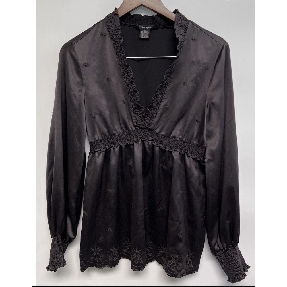 90s Y2K Womens Satin Lace V-neck Babydoll Top Embroidered Chocolate Brown Small